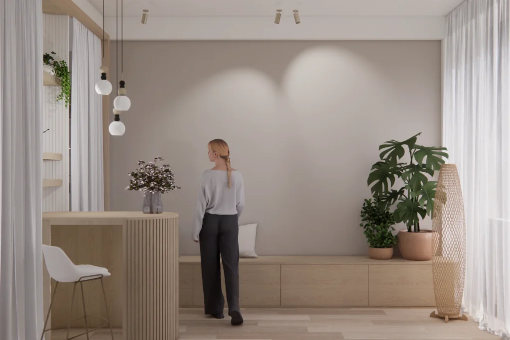Moderna recepcija wellness centra z lesenim pultom, rastlinami in svetlim, minimalističnim interierjem.