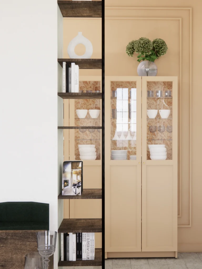 Odprta knjižna polica in vitrina z dekoracijo ter posodo v elegantno zasnovanem dnevnem prostoru.